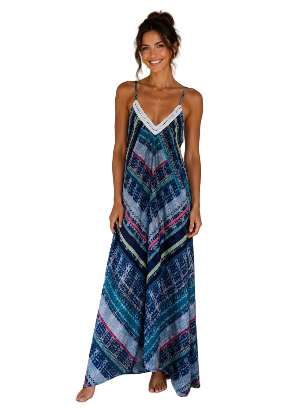 Maurices Teal and Navy Patterned V-Neck Dress with Cream Trim